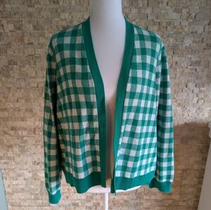 Ann Taylor Green and White Gingham Check Open Front 100% Cotton Cardigan XL